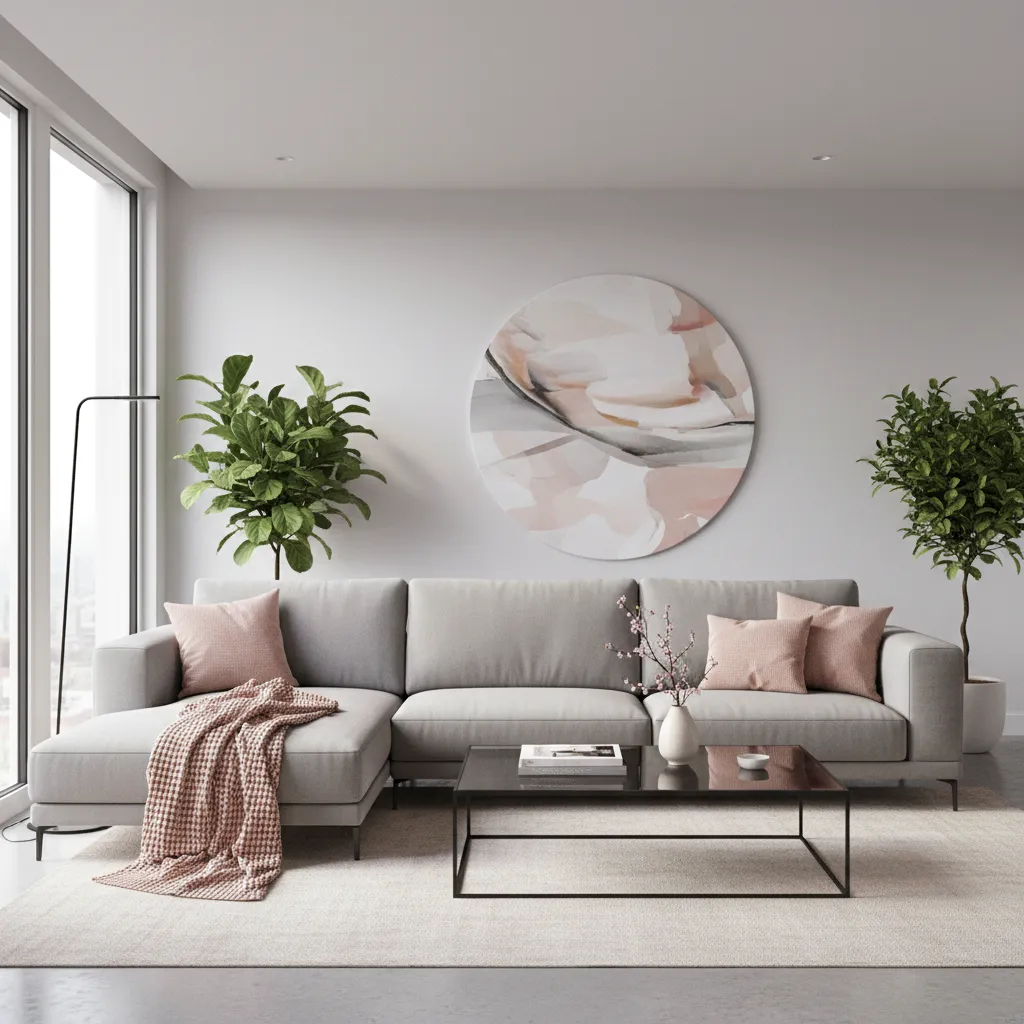 Bright living room with grey sofa pink pillows round wall art green plants and table