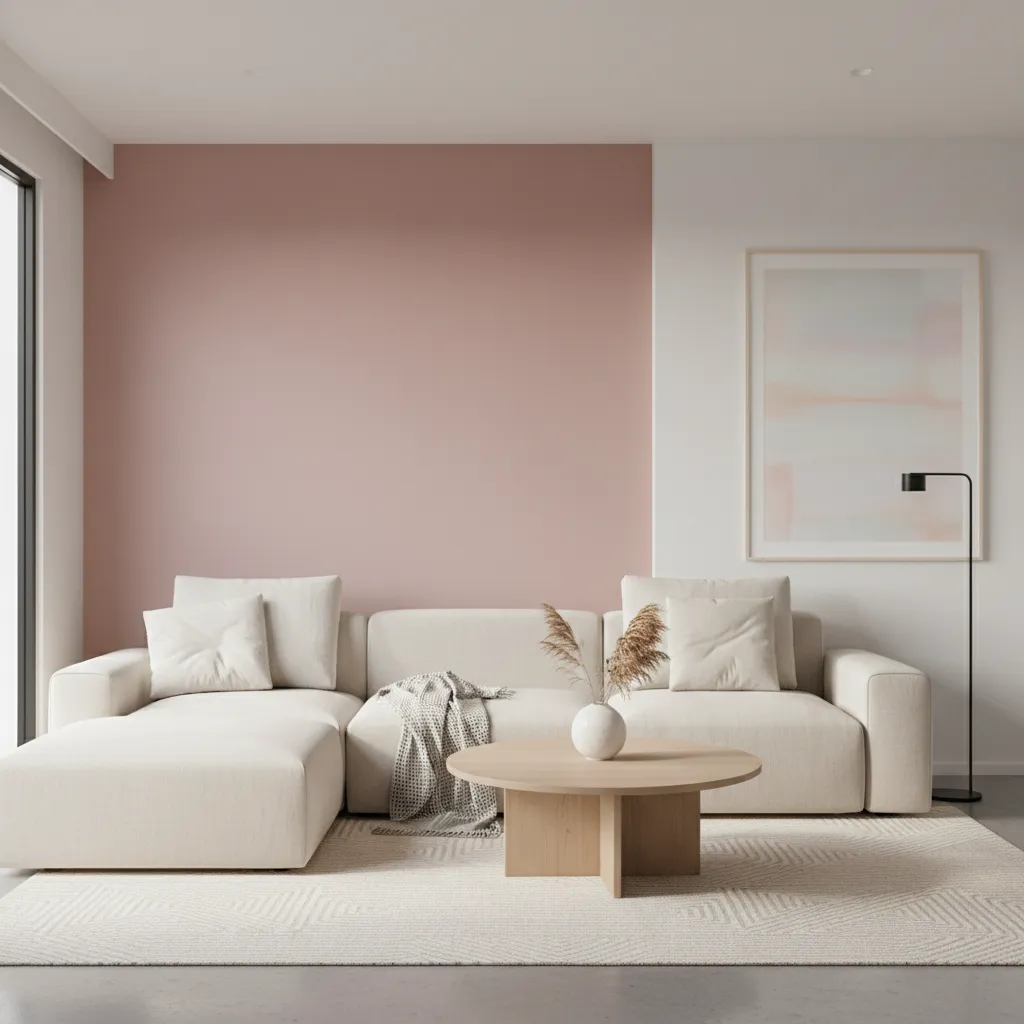 living room with light pink accent wall behind neutral sofa