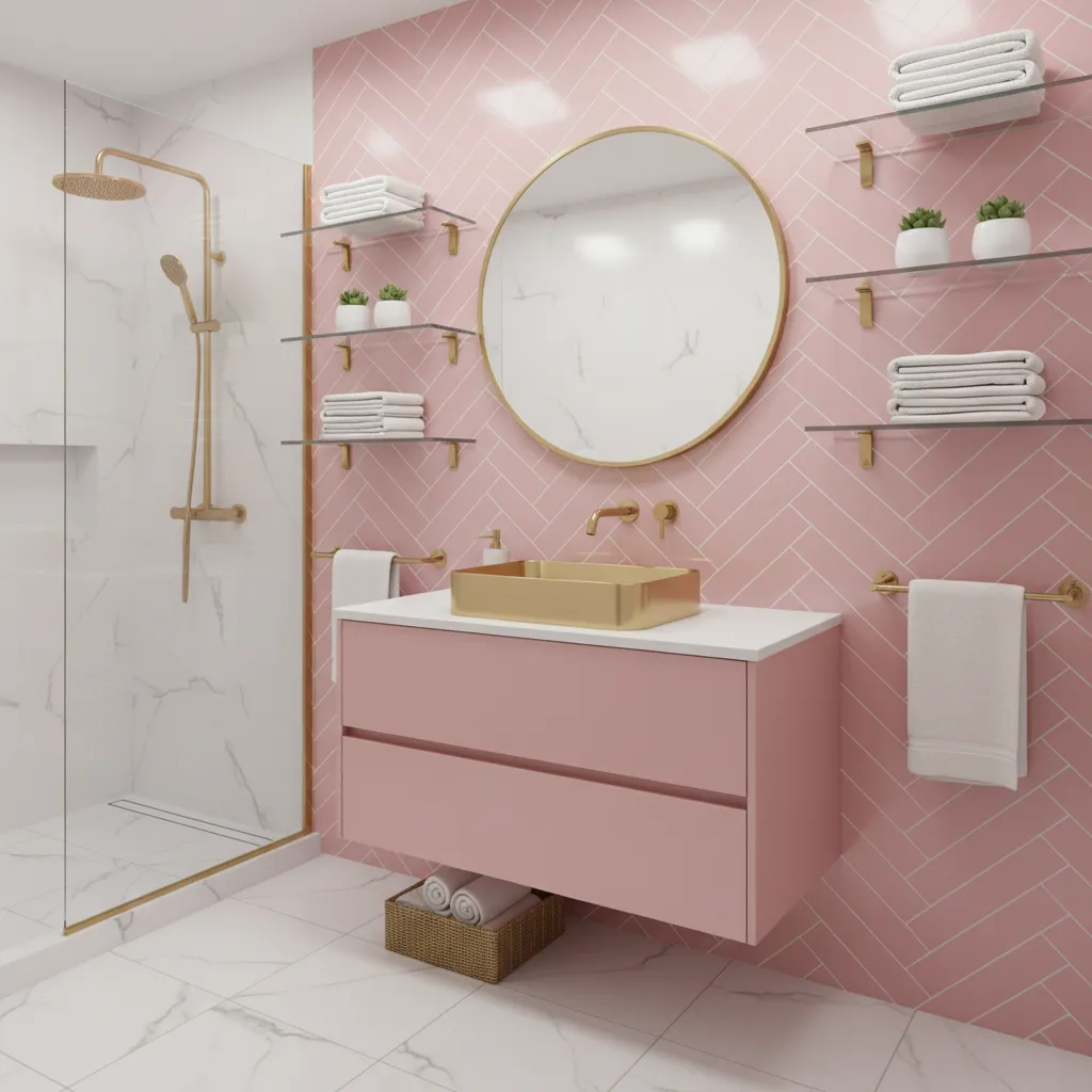 Small Barbie style bathroom with floating vanity and vertical storage shelves