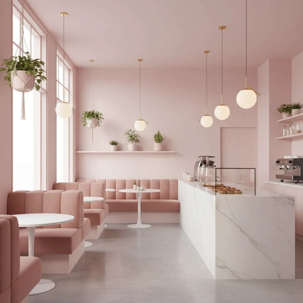 Pastel pink cafe interior with soft seating and natural light