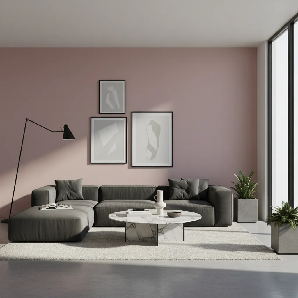 Muted pink wall paired with charcoal furniture and modern decor
