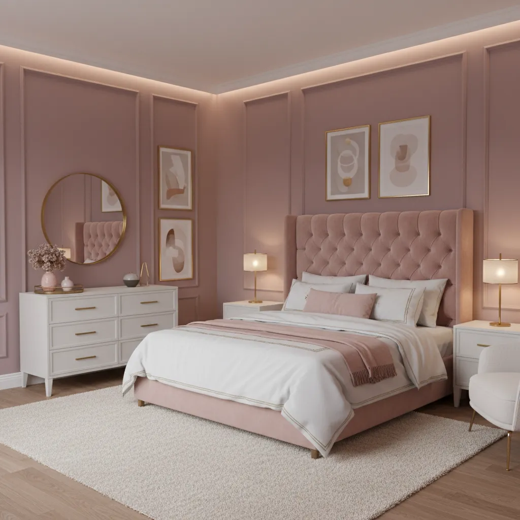Pink dominant bedroom with blush walls white furniture and gold accents