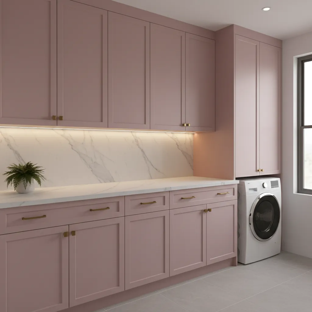 Dusty pink laundry cabinets with brass handles and white countertop