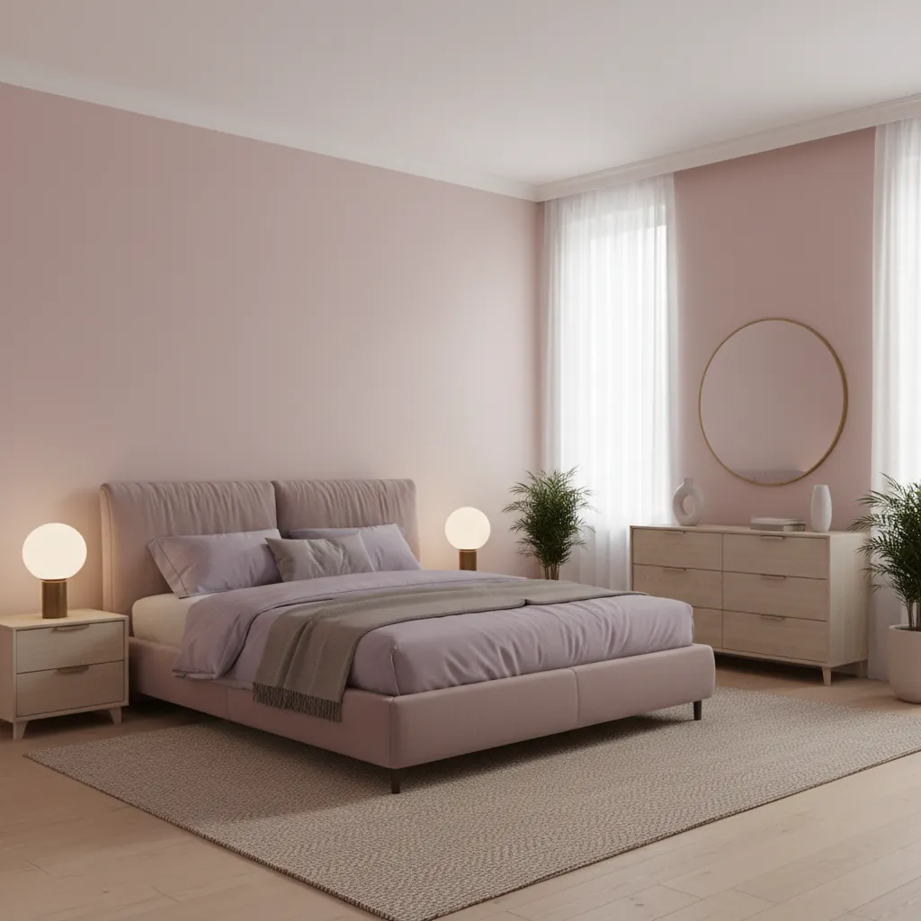 Calm bedroom with blush walls and lavender bedding