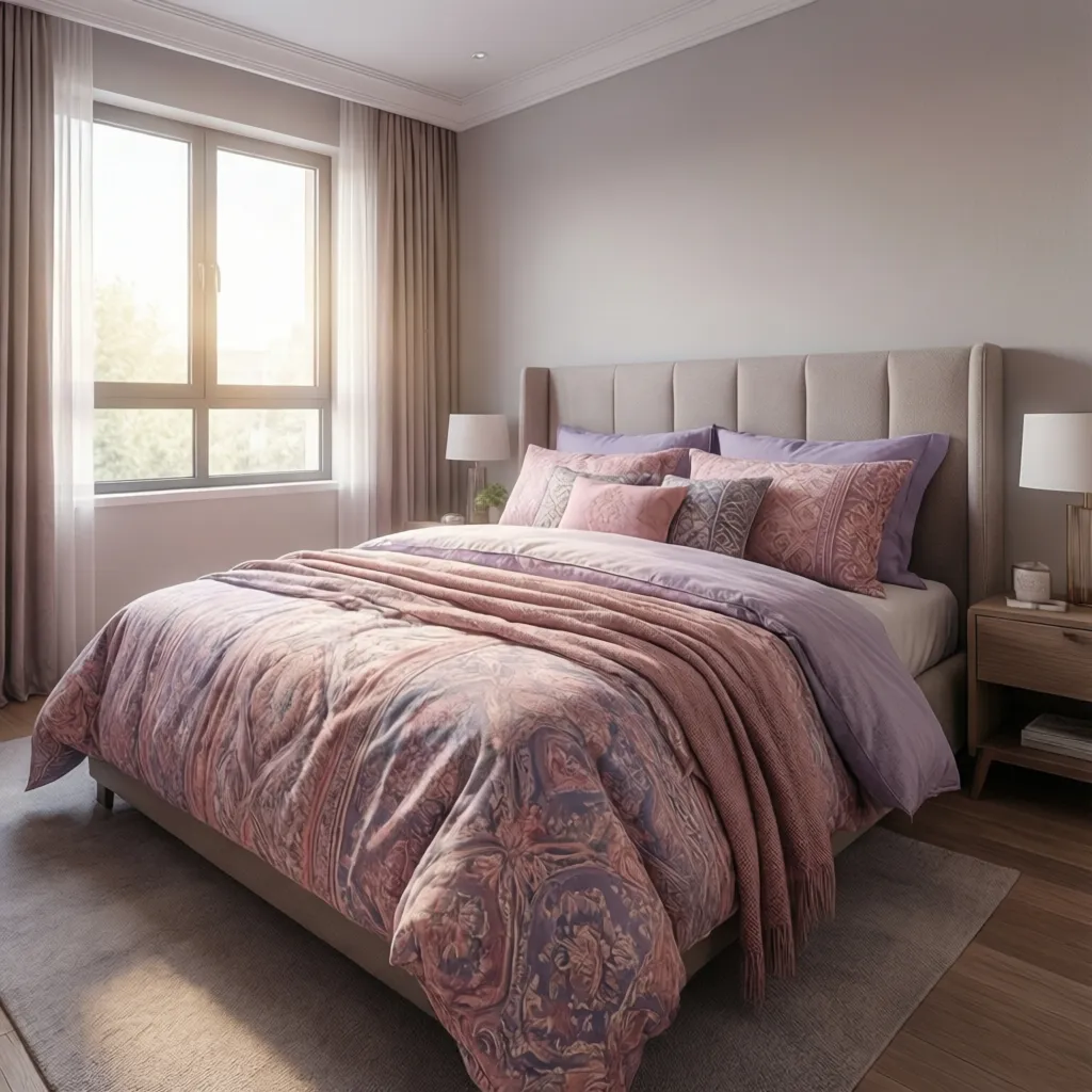 bedroom styling with patterned bedding combining pink and purple tones