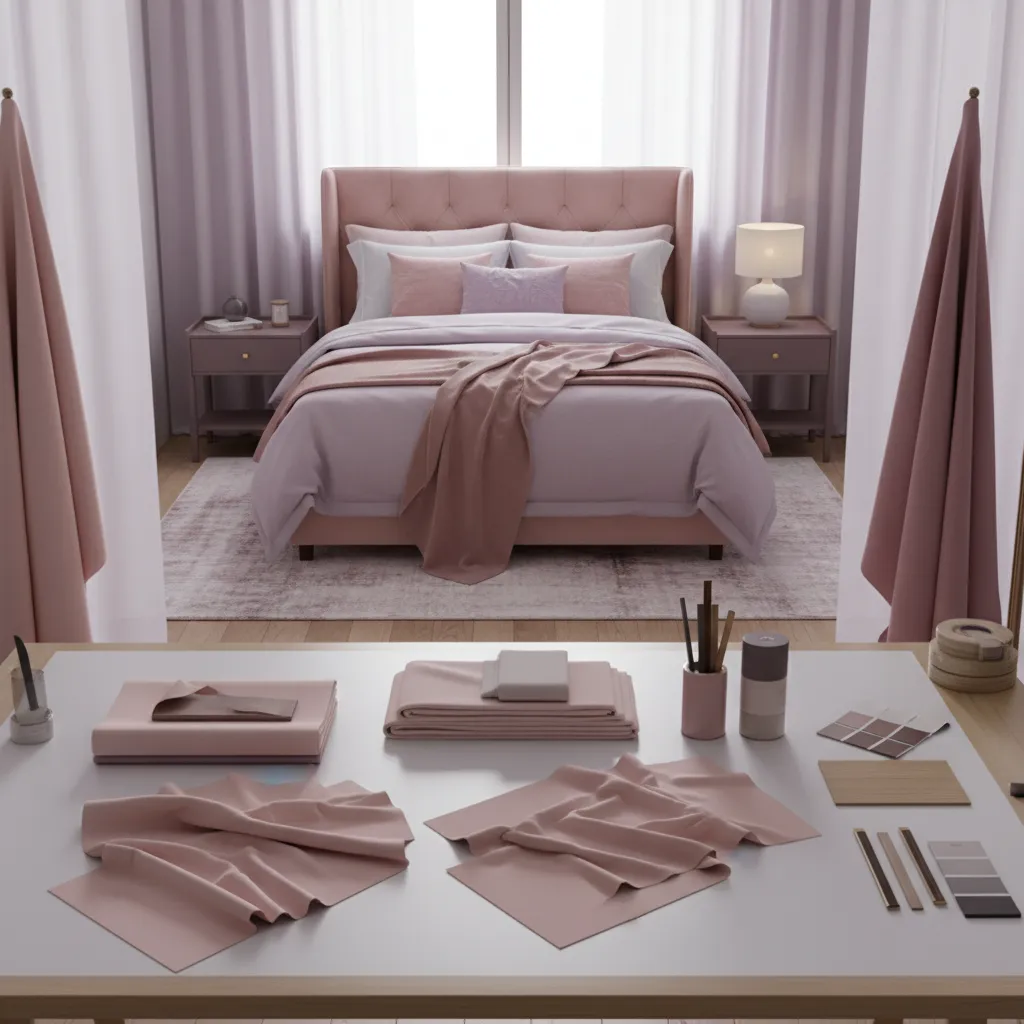 bedroom palette board showing balanced pink lavender and mauve tones