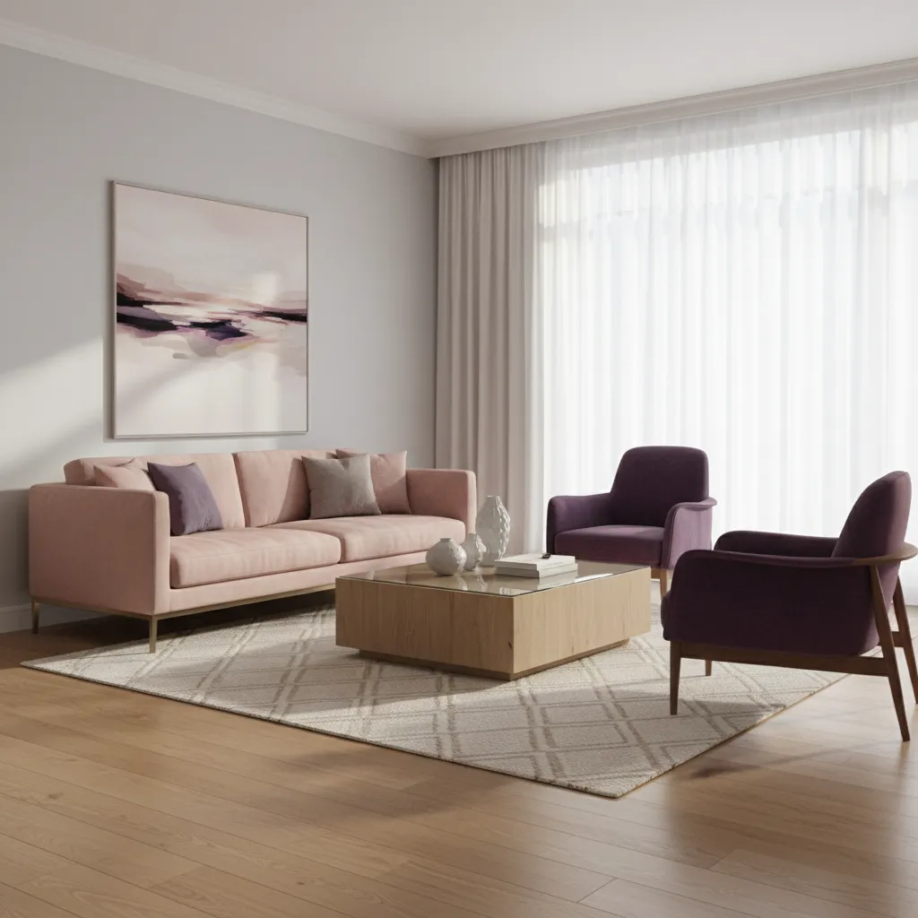 Modern living room with blush sofa and deep purple accents
