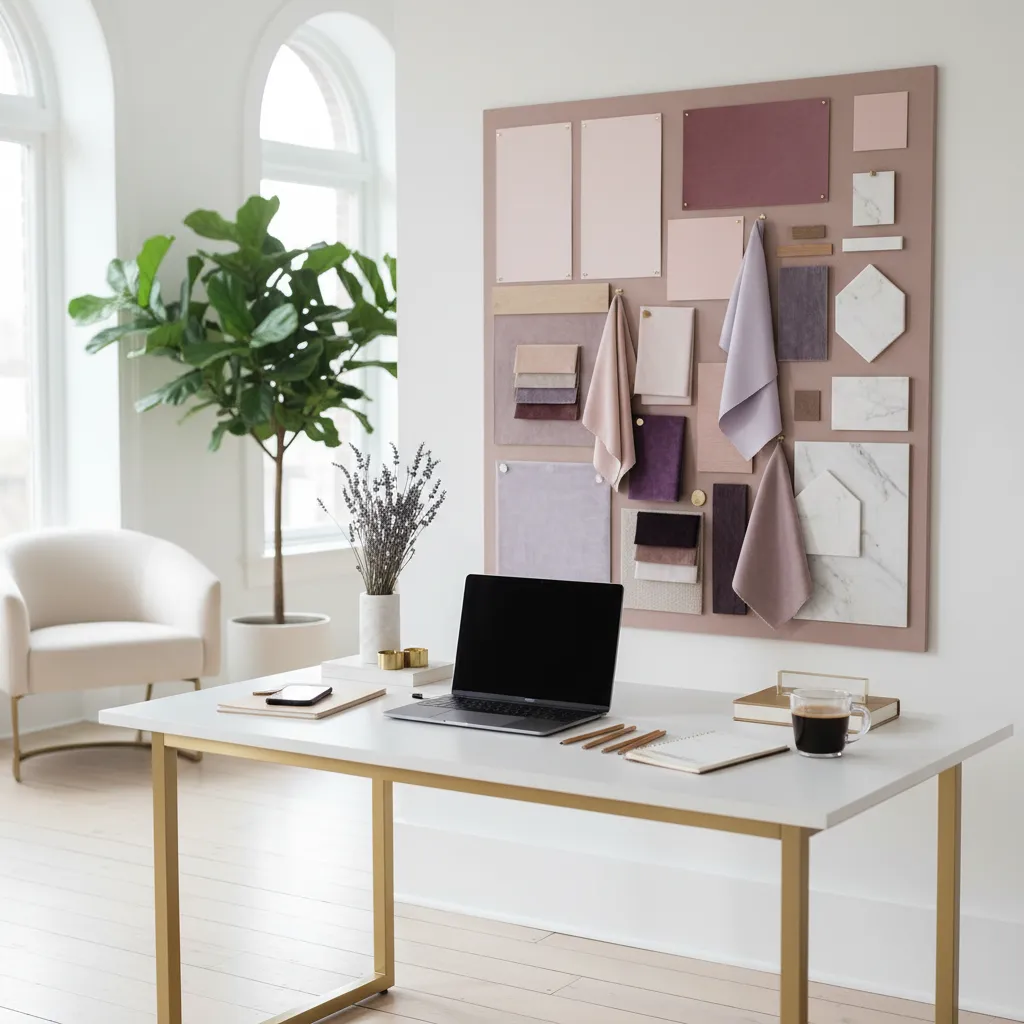 Interior design material board with pink and purple palette samples