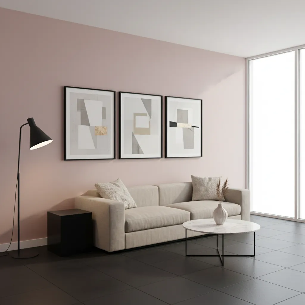 light pink room with black metal lighting and decor accents