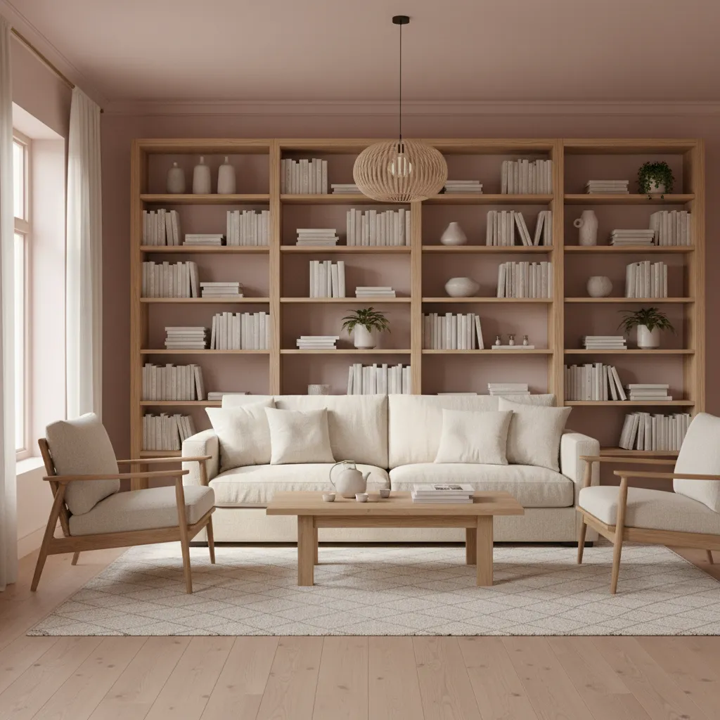 light pink interior combined with natural wood furniture