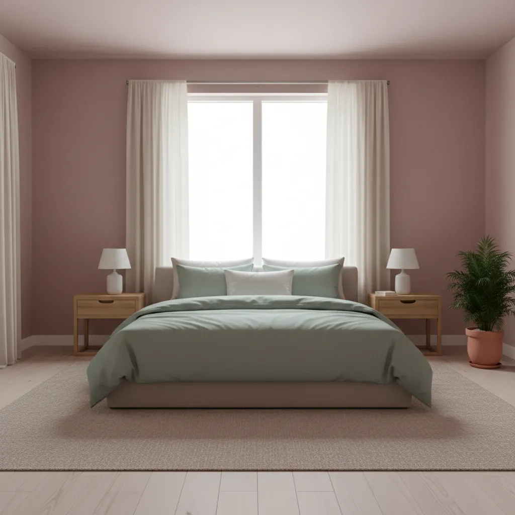 Pink and sage green interior palette in a stylish bedroom