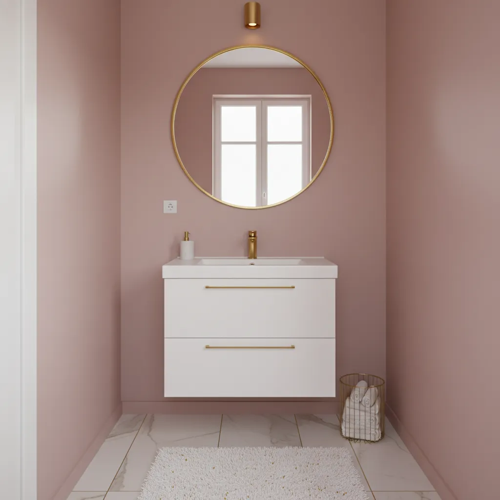Small bathroom with blush pink walls white vanity and gold mirror