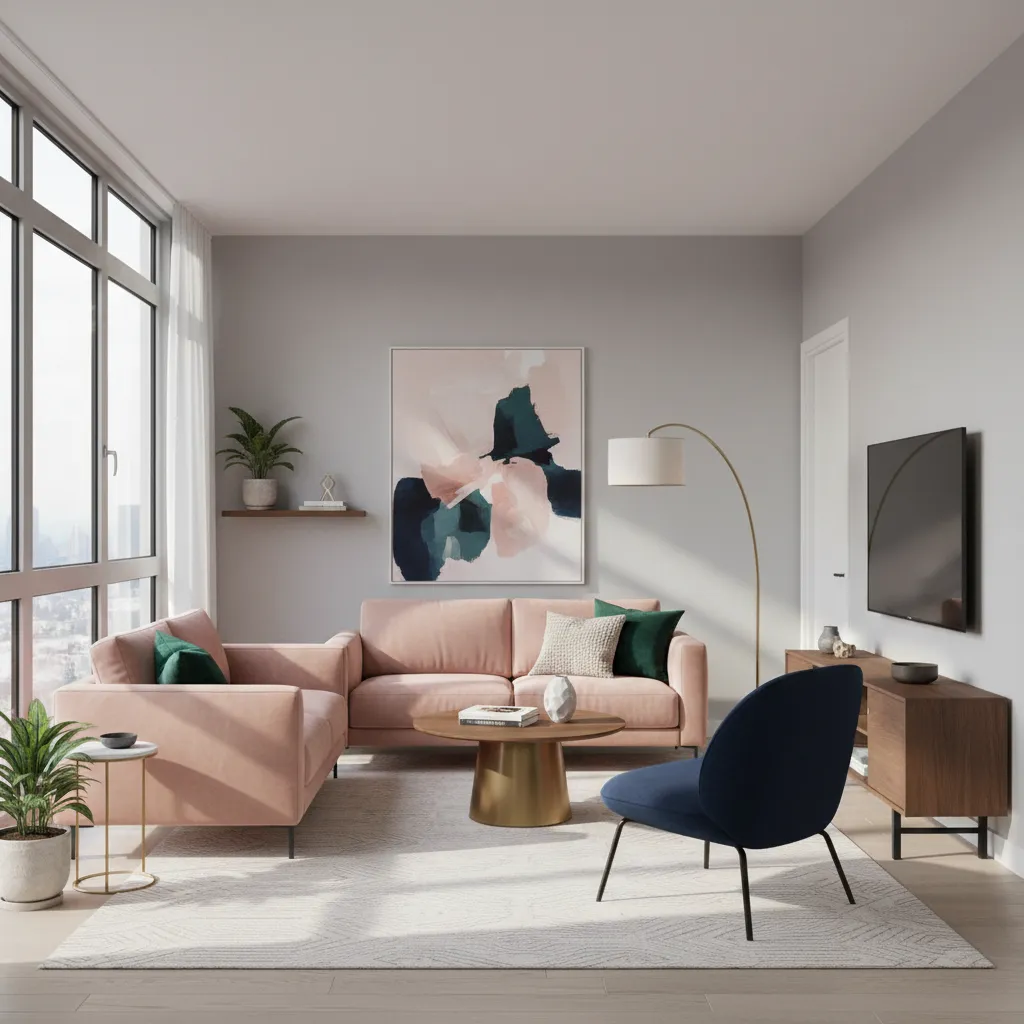 blush pink sofa paired with navy and green accents in modern living room