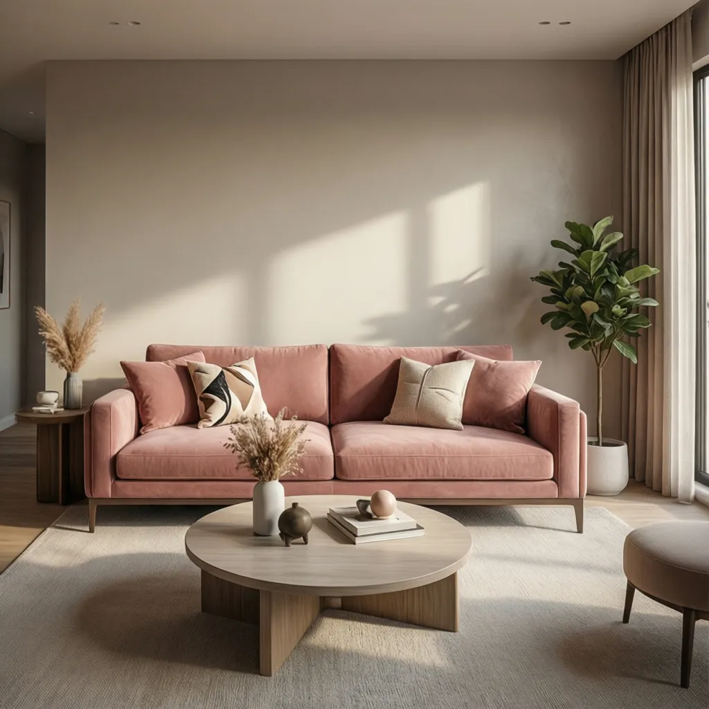 Stylish living room with pink sofa styled for social media aesthetic