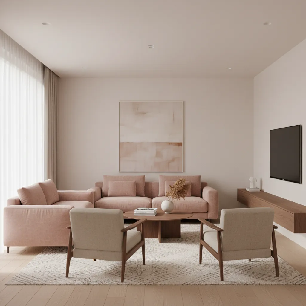 Minimalist living room with pink sofa, wooden coffee table, two armchairs, wall TV, wooden cabinet