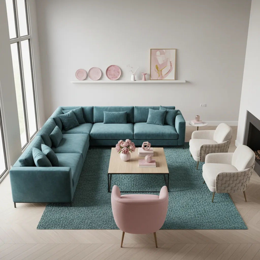 Interior layout concept showing distribution of pink and teal colors across furniture and decor