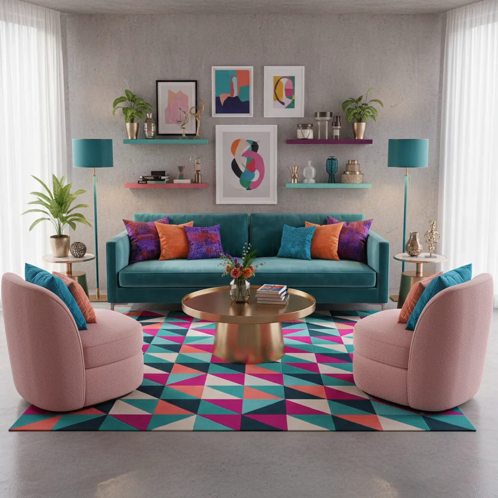 pink and teal living room showing color clash with heavy furniture and bold decor