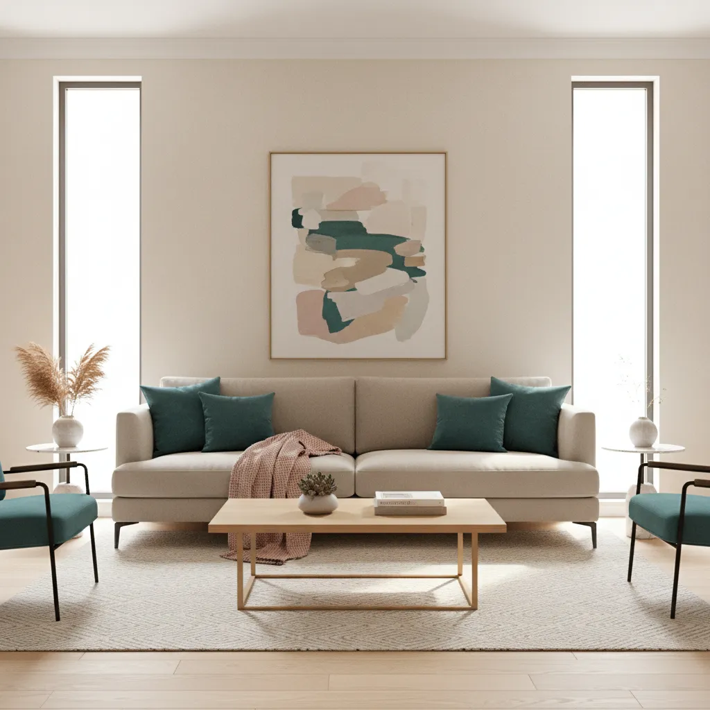 Pink and teal living room with neutral sofa and accent decor