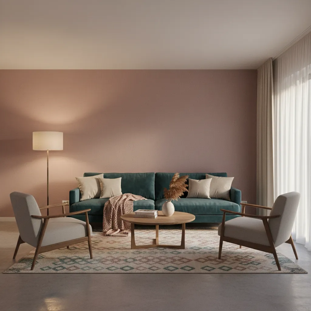 Pink and teal living room showing warm lighting and balanced color tones
