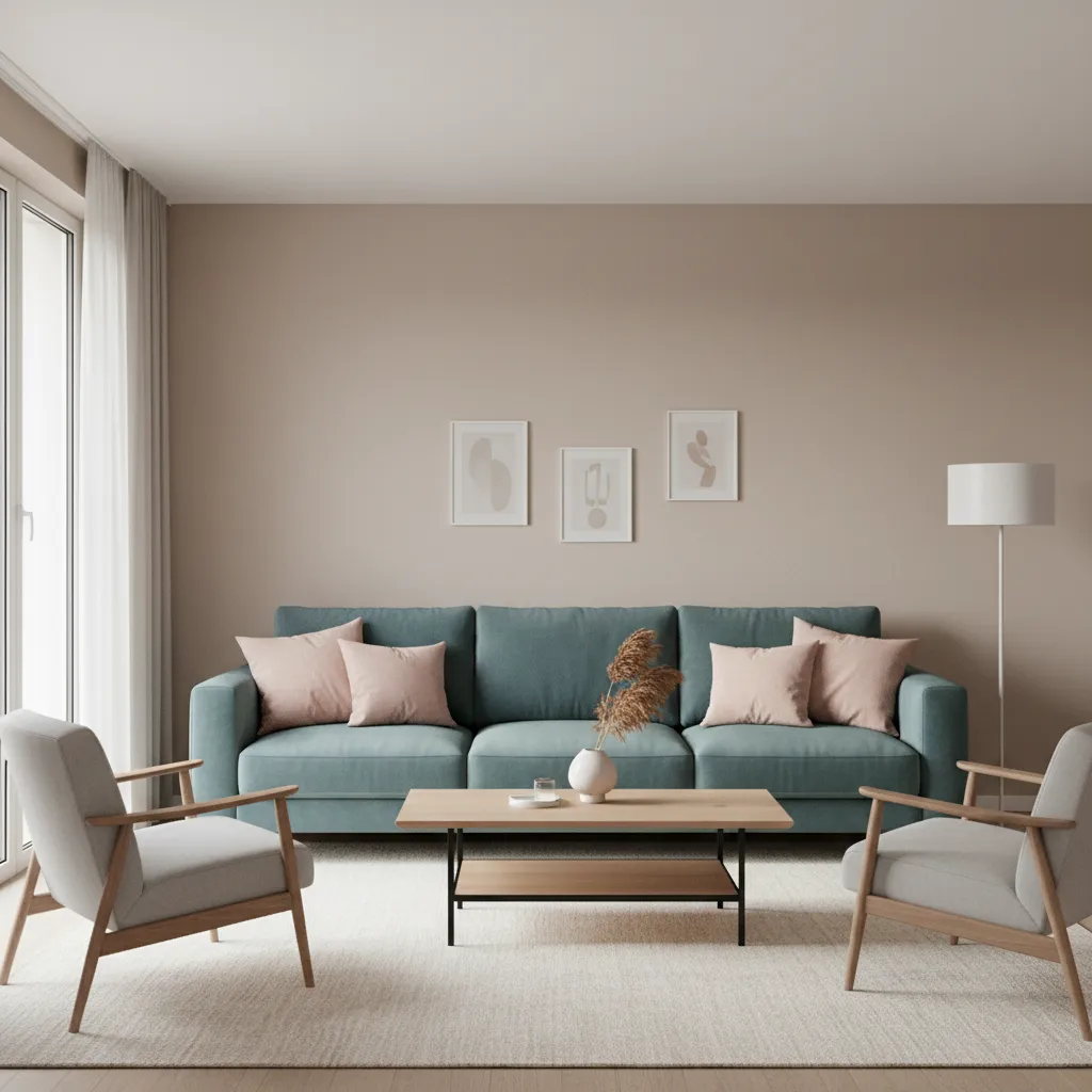 Modern living room with teal sofa and pink decor accents showing harmonious color palette