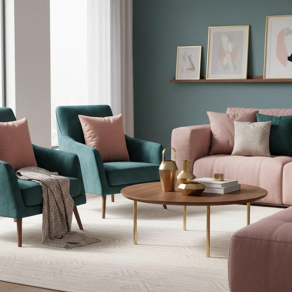 Interior detail showing velvet cushions brass decor and wood furniture with pink and teal palette
