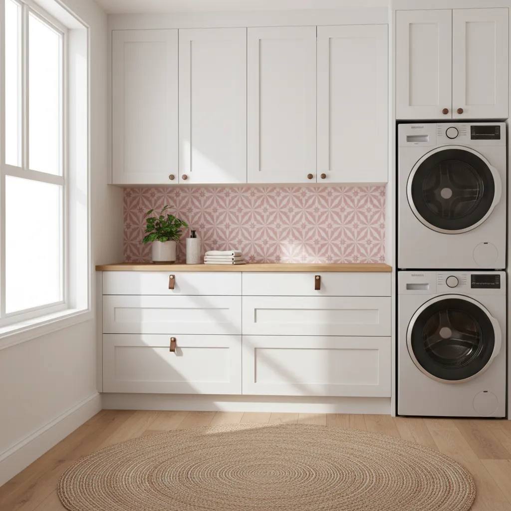 Laundry room with pink patterned tile backsplash and white cabinets
