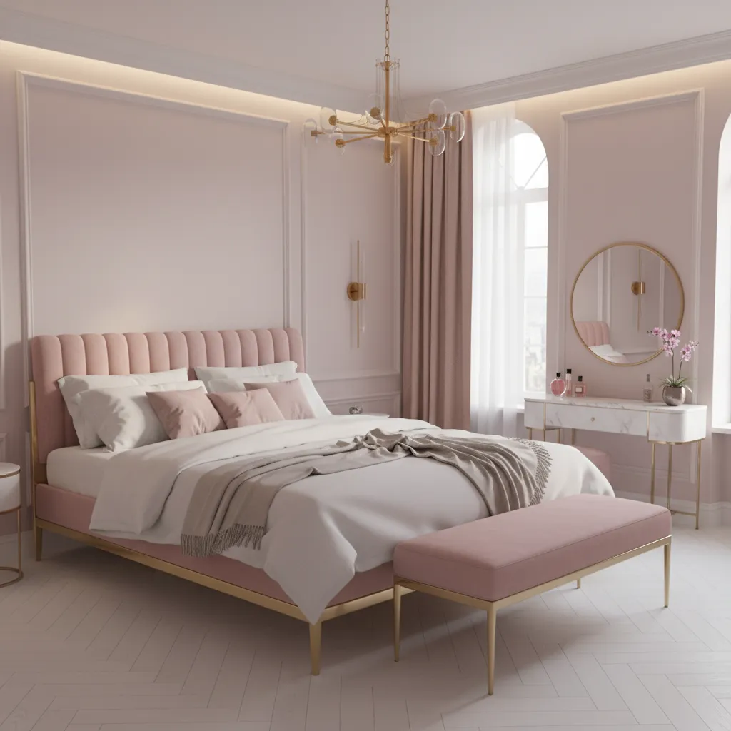 Blush pink upholstered bed with gold frame in glam bedroom interior
