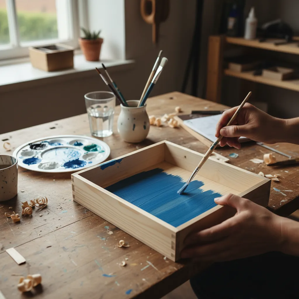 Persona pintando el interior de una caja de madera con pintura acrílica