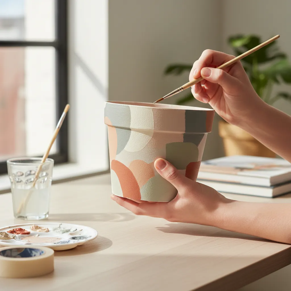 Proceso de pintura acrílica sobre maceta de plástico