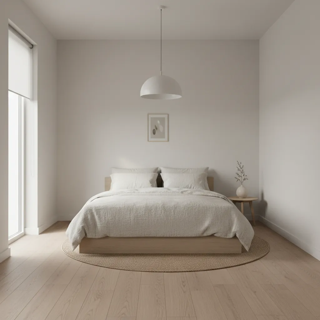 Small minimalist bedroom with neutral tones and simple furniture layout