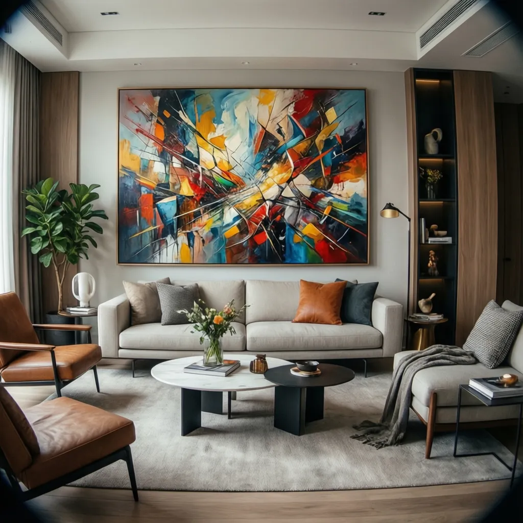 Salón contemporáneo con pintura abstracta colorida