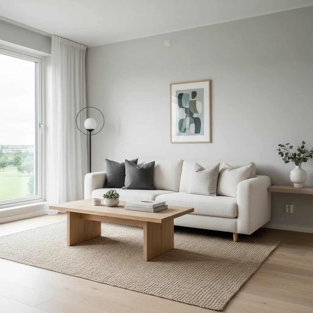 Salón moderno recién pintado con paredes claras y decoración minimalista