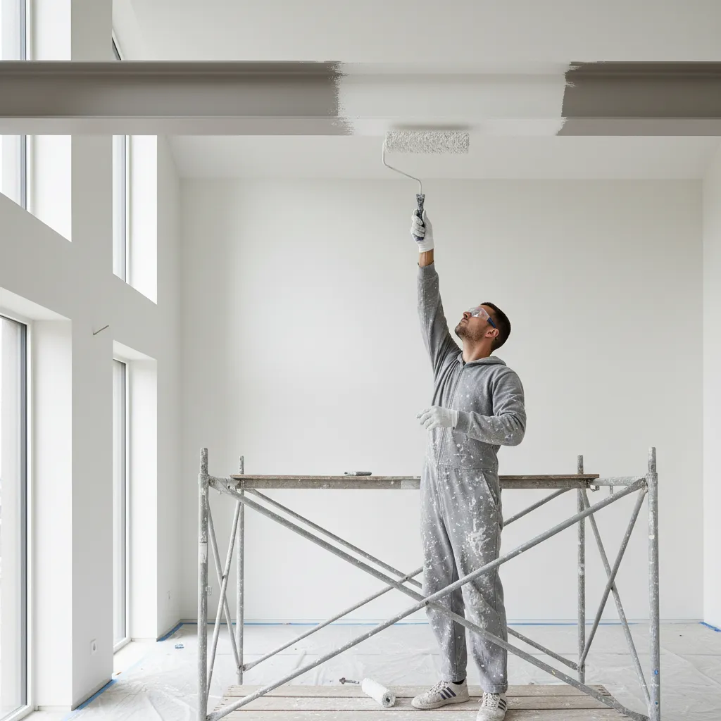 Aplicación de pintura en una viga metálica con rodillo pequeño