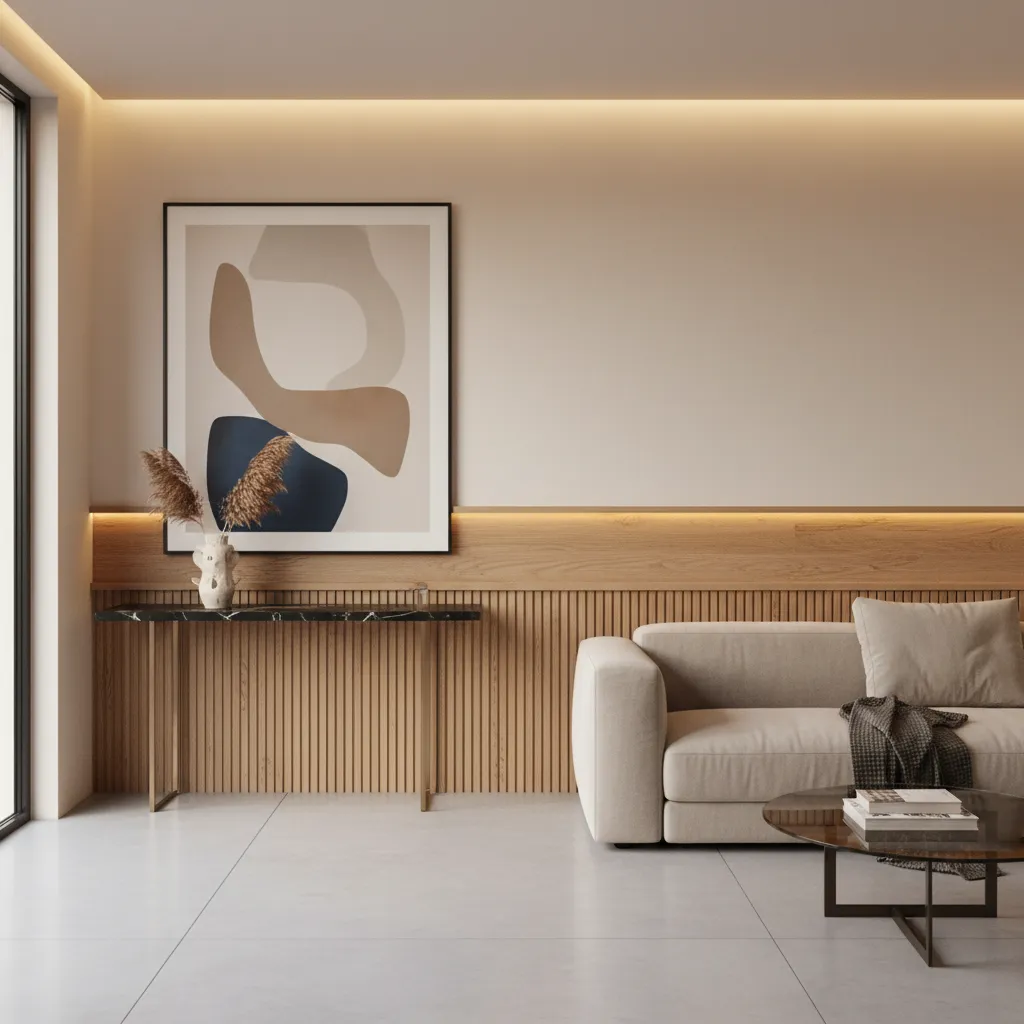 Interior moderno combinando pintura de pared con paneles decorativos