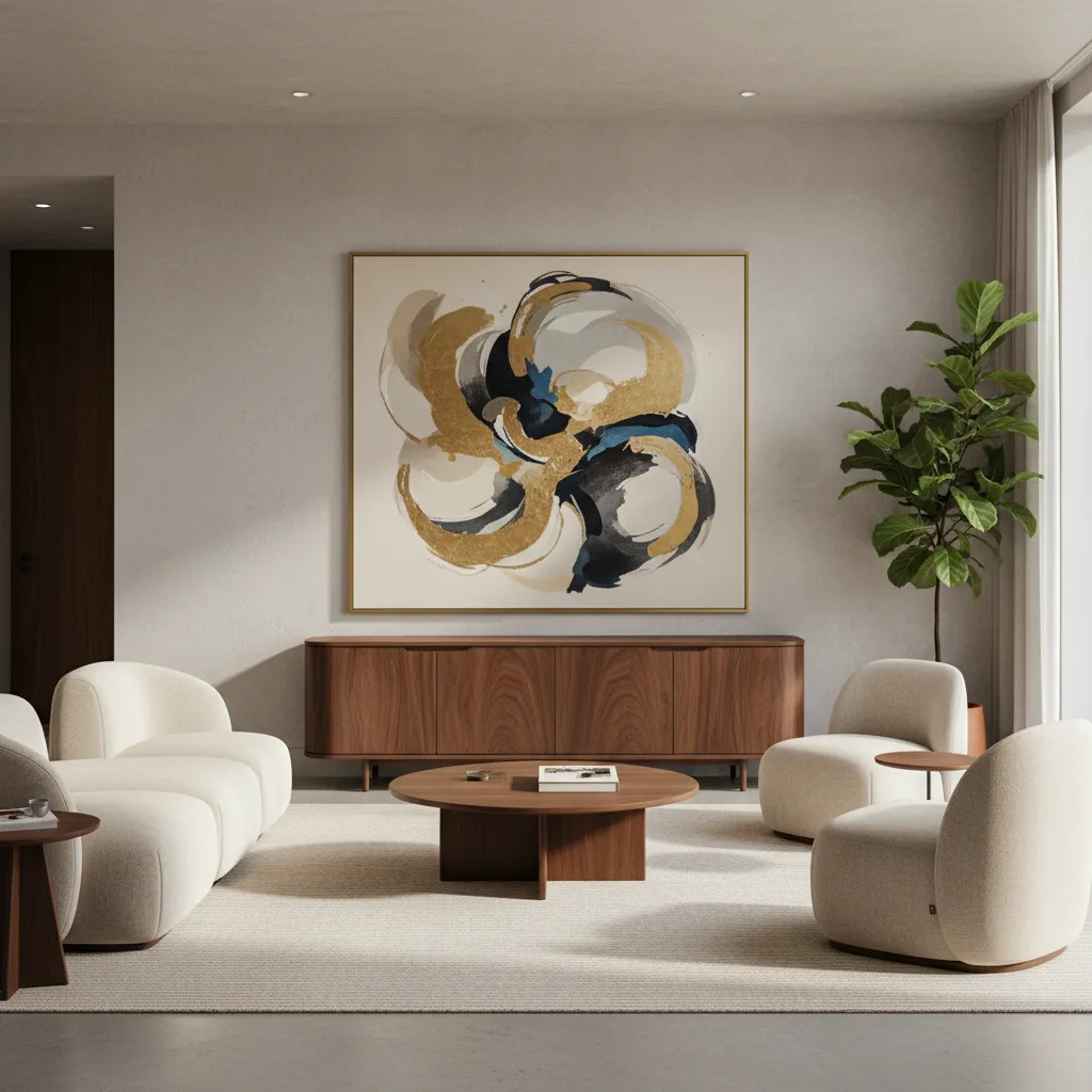 Decoración de pinturas para interiores con muebles en nogal