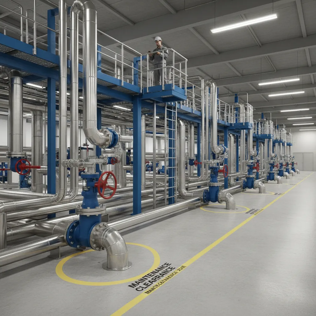 Industrial piping system with clear maintenance access zones around valves