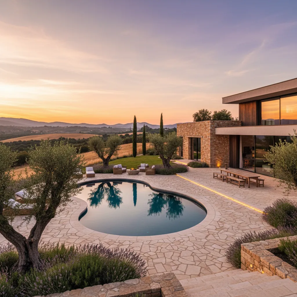 Modern stone house with curved swimming pool and outdoor dining area during a warm sunset