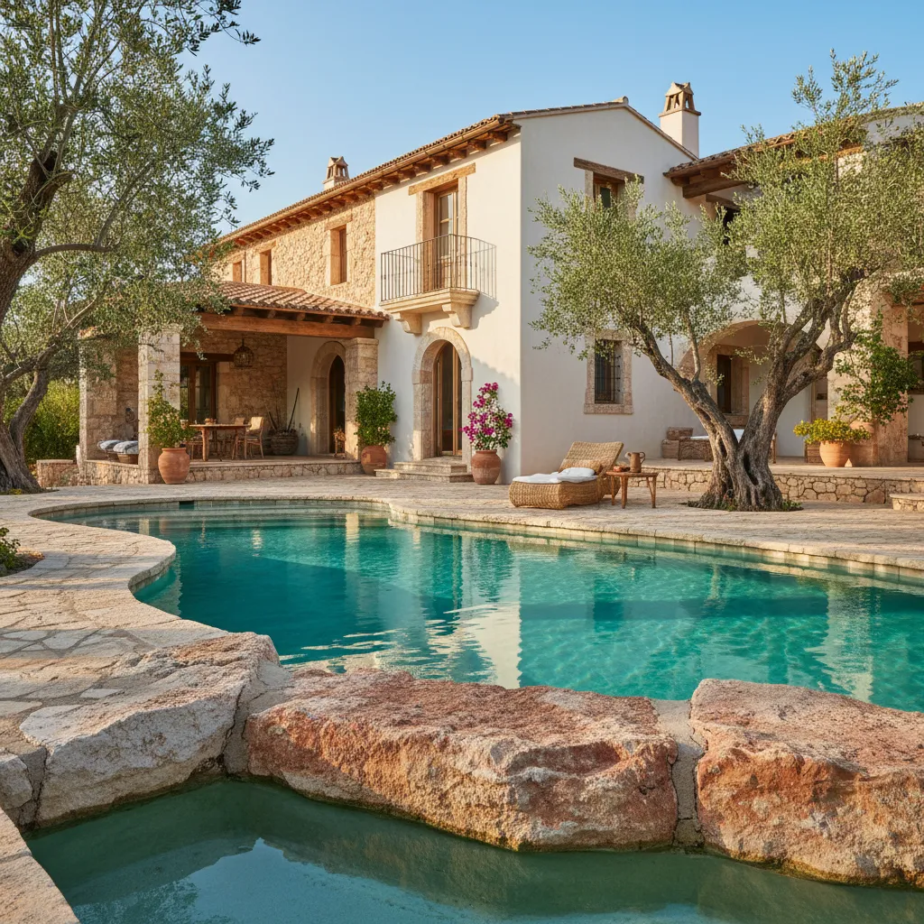 Piscina con piedra natural en casa estilo mediterráneo