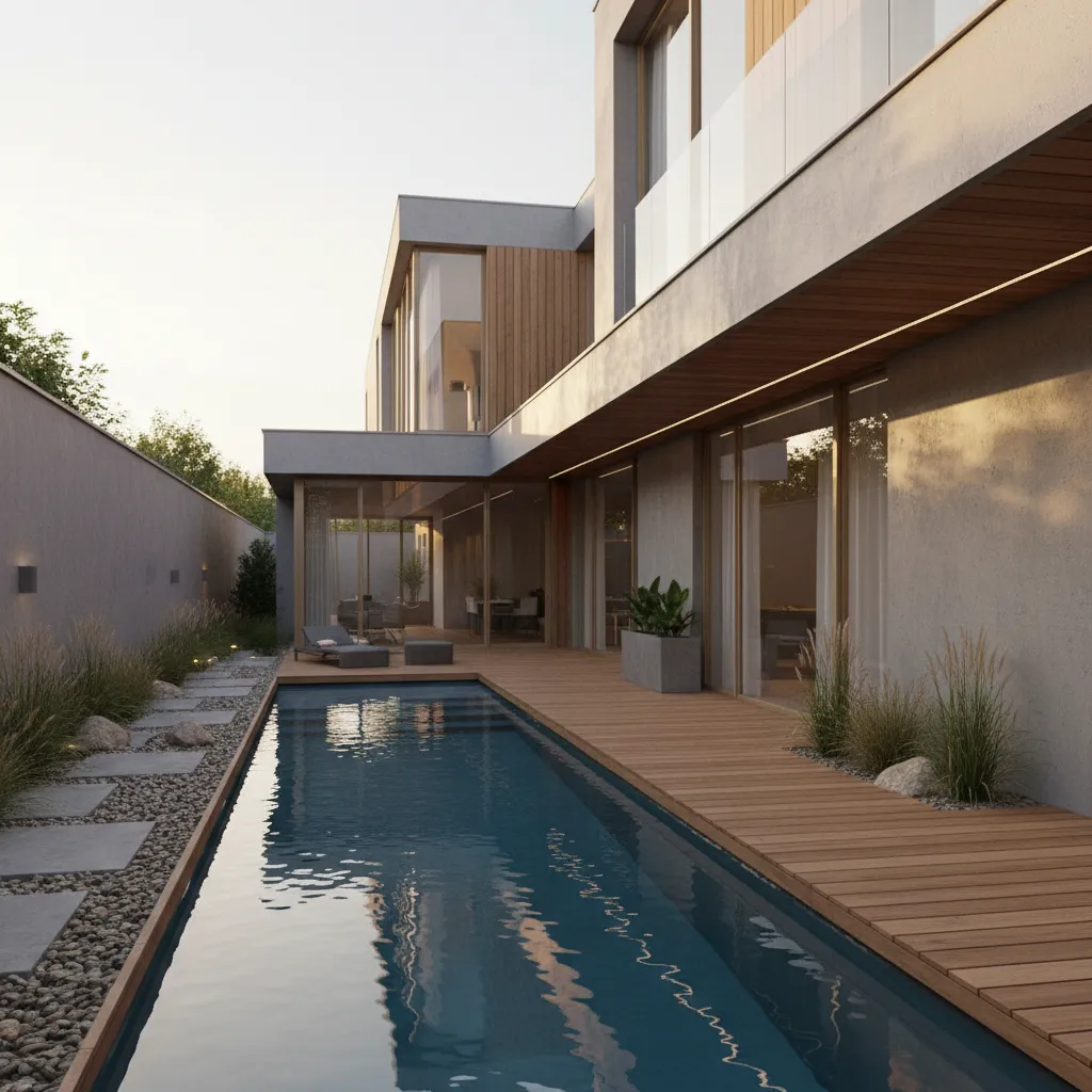 Piscina estrecha y moderna en jardín pequeño junto a vivienda contemporánea
