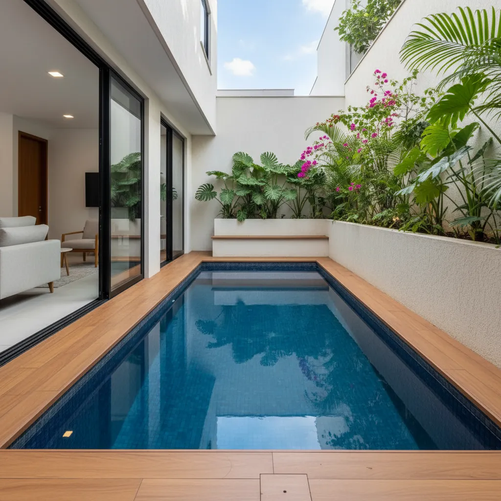 piscina retangular no fundo de casa em terreno 6x20