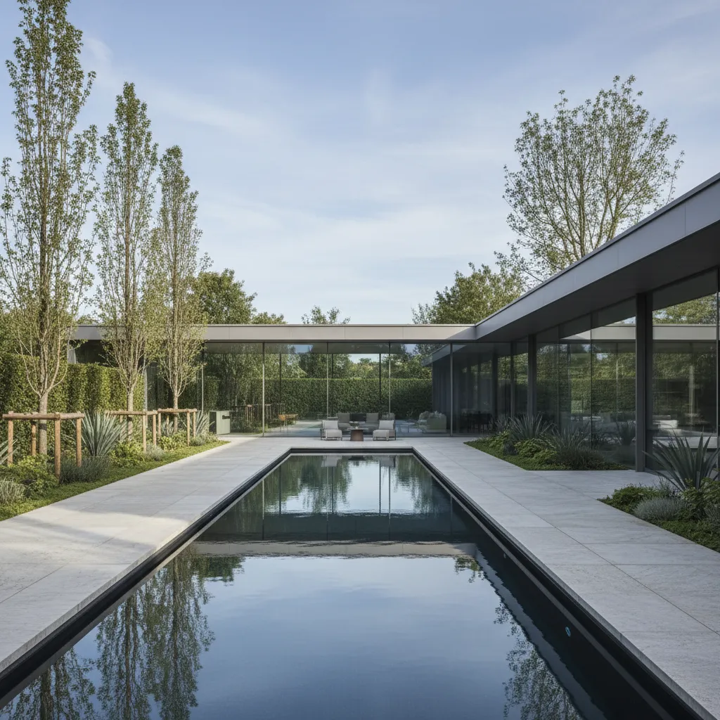Piscina moderna alineada con fachada de casa contemporánea