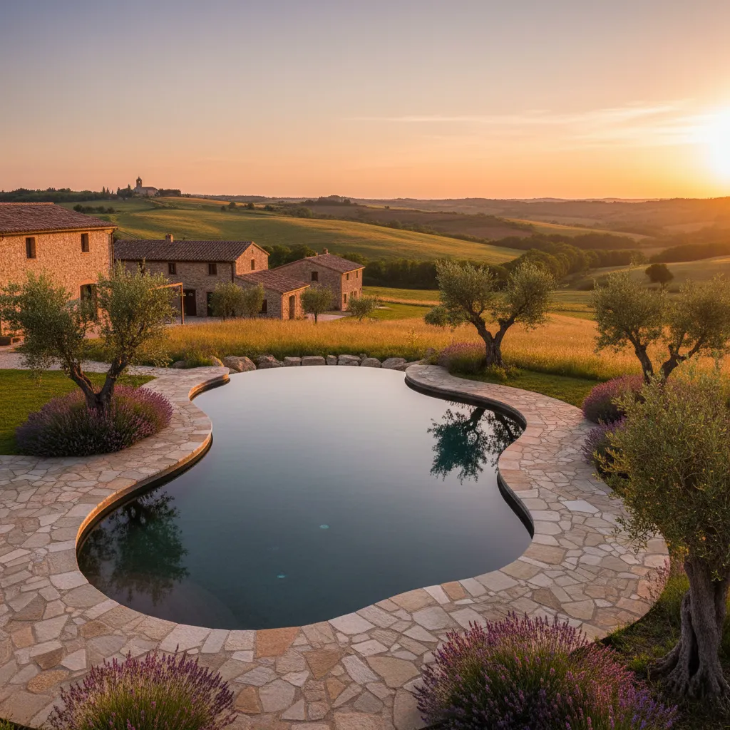 Curved swimming pool with stone patio surrounded by olive trees and stone houses during sunset
