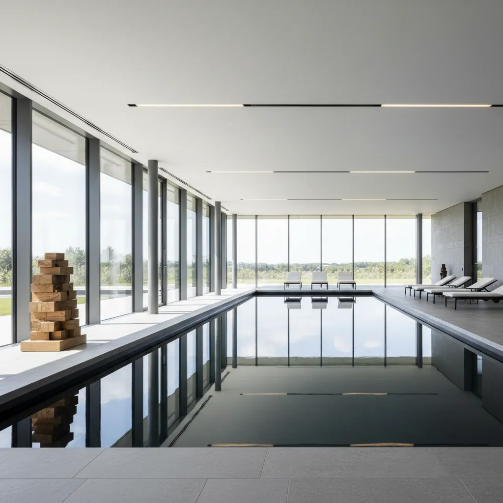 Piscina interior con luz natural y ventanales grandes