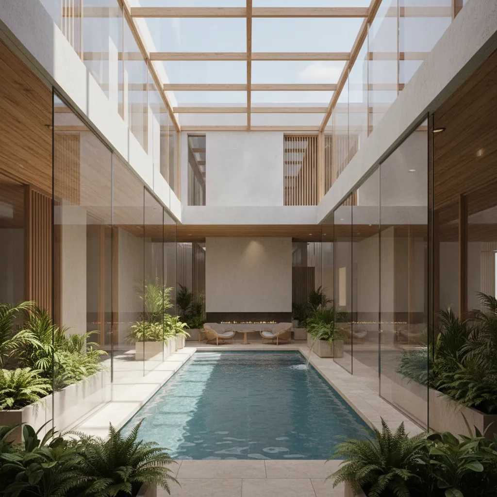 Piscina interior ubicada en patio acristalado