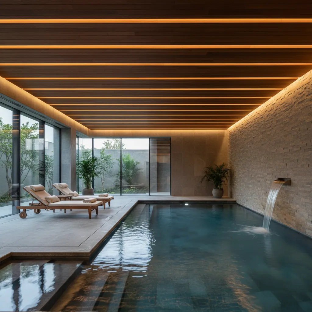 Piscina interior estilo spa con zona de descanso