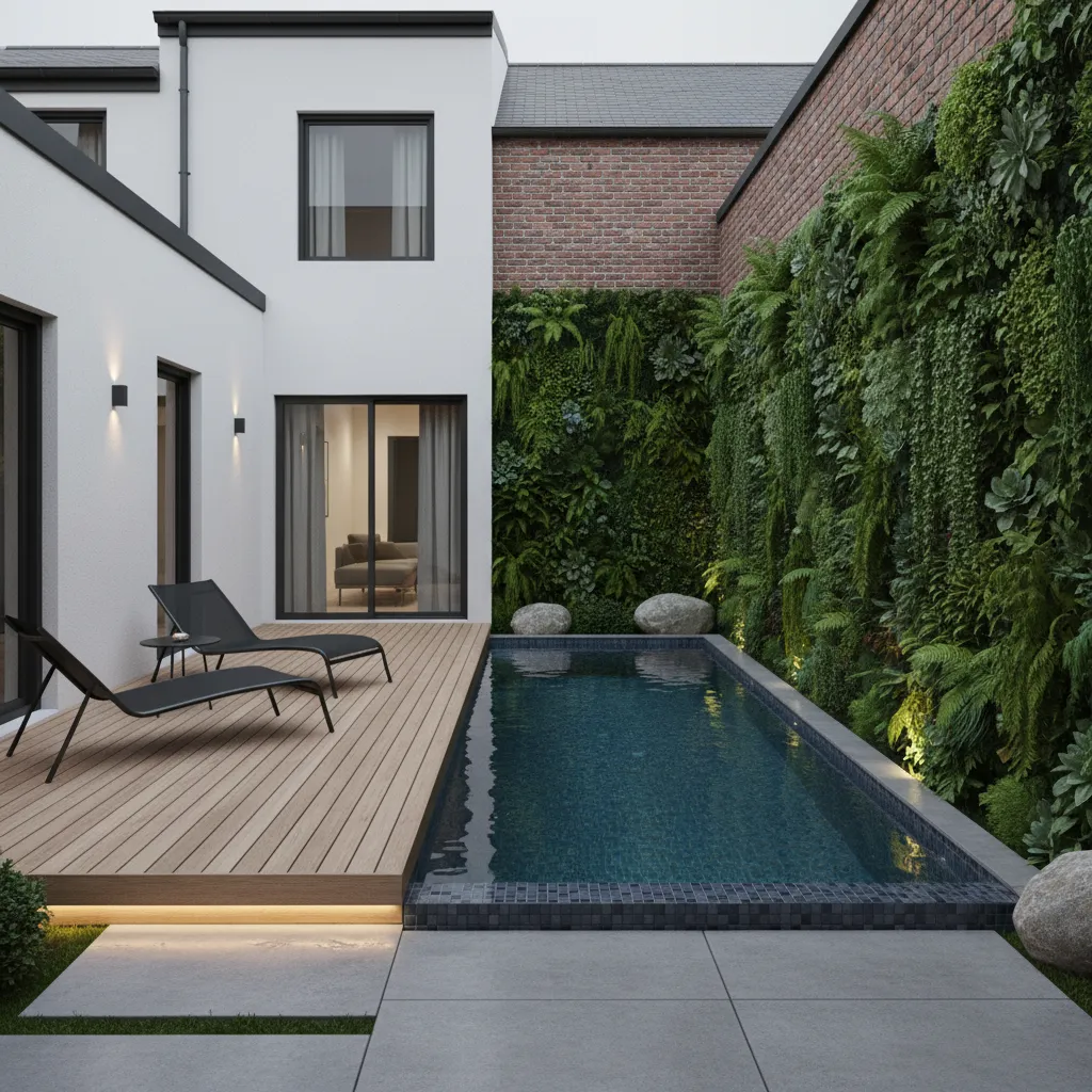 Small swimming pool with wooden deck two lounge chairs and a lush green plant wall
