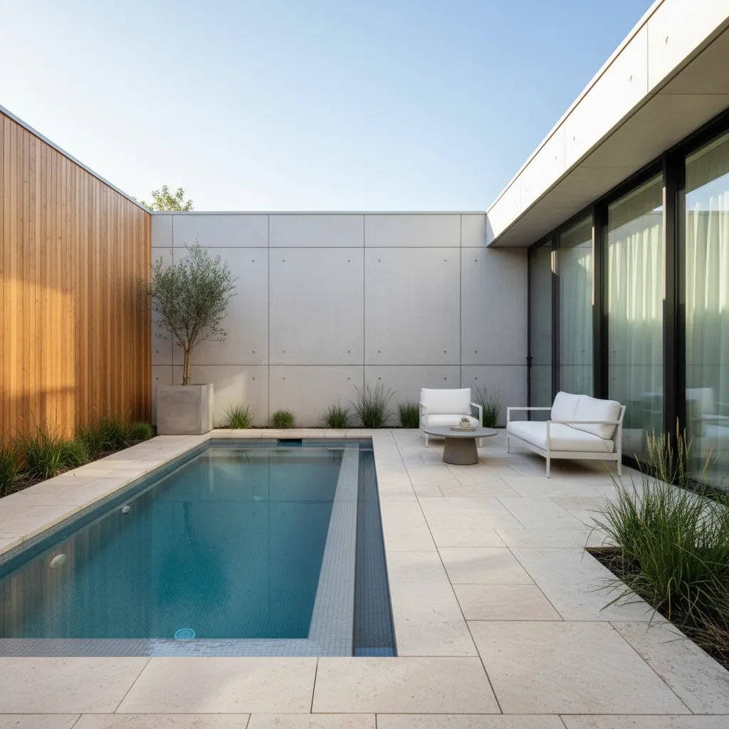 Piscina pequeña colocada junto a la fachada de una casa moderna