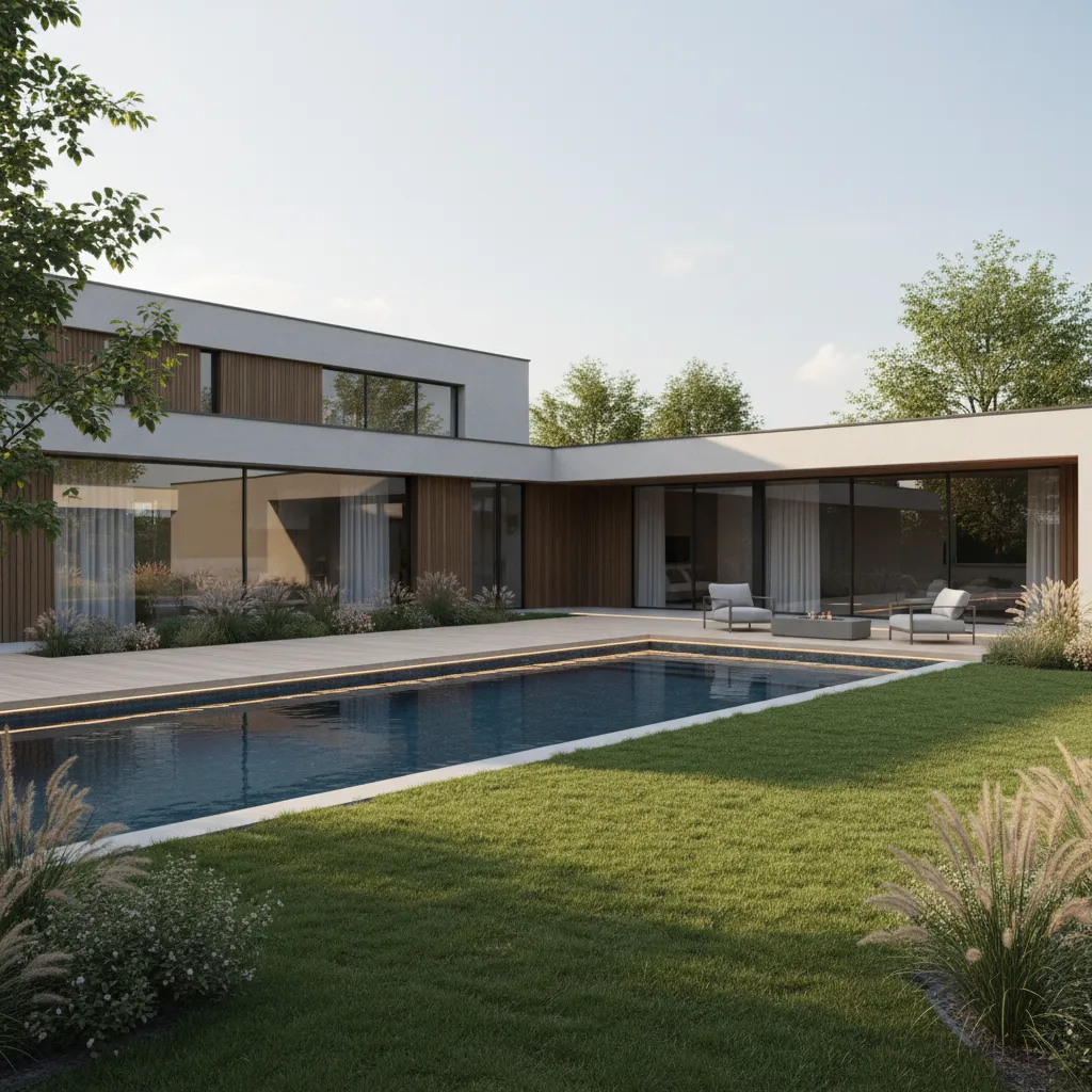 Modern house with swimming pool wooden deck green lawn large glass windows and outdoor lounge seating