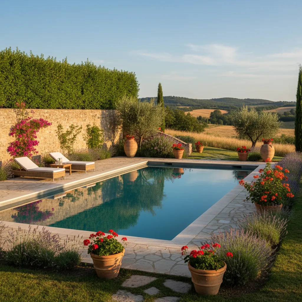 Rectangular swimming pool with stone wall background lounge chairs potted red flowers and green hills view