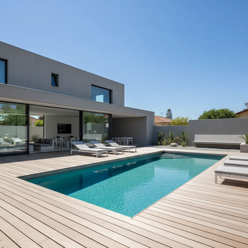 Piscina rectangular moderna integrada con terraza y jardín